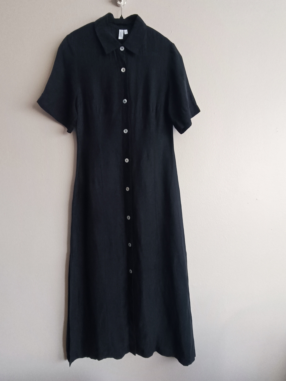 & Other Stories Black Linen Cupro Midi Shirt Dress EU 38 Shell Button Minimalist